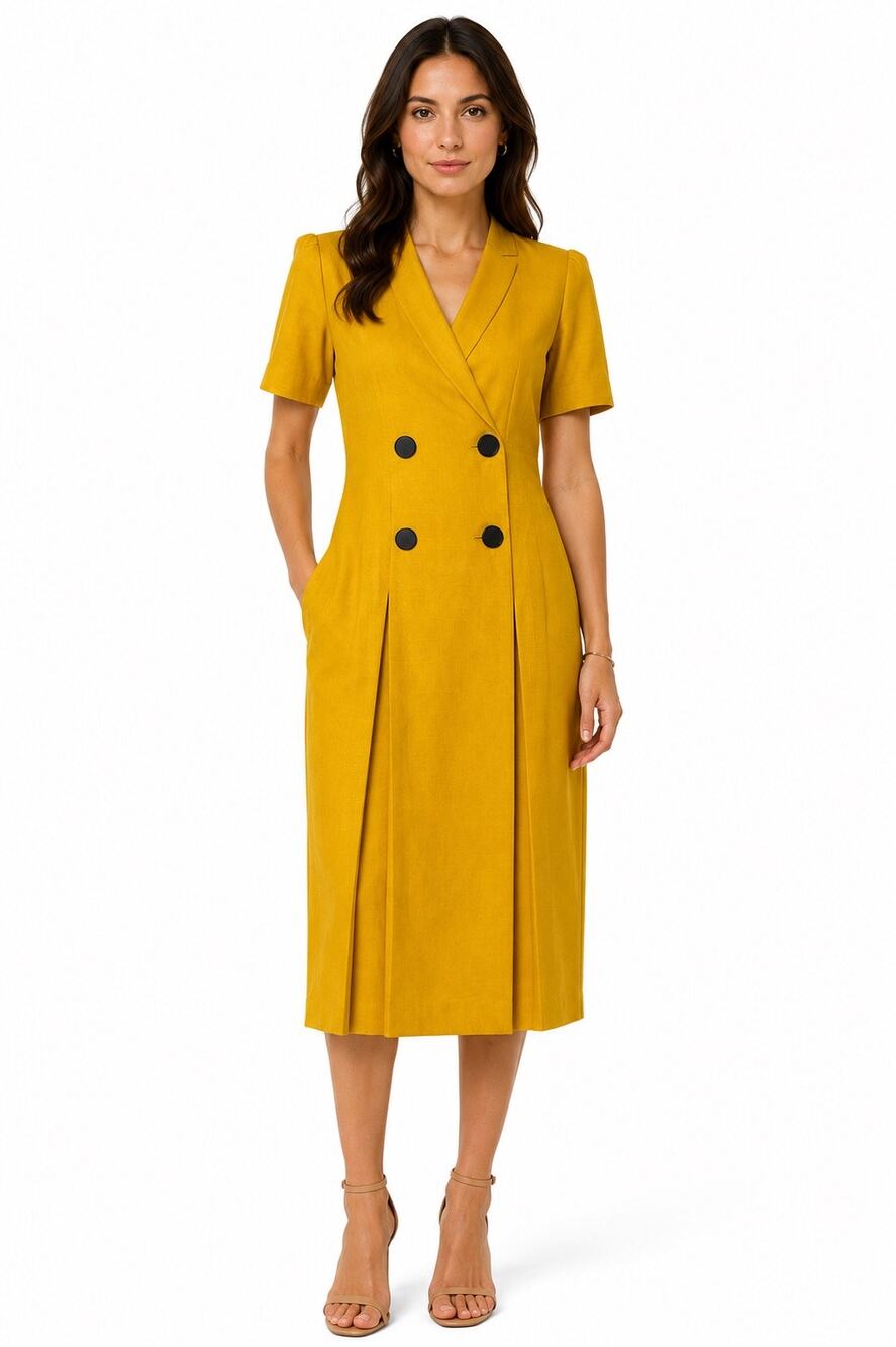 1990s Albert Nipon Mustard Linen Blend Coat Dress Petite Small - Medium